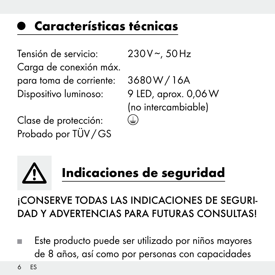 Características técnicas, Indicaciones de seguridad | Livarno Z31503-BS User Manual | Page 6 / 40