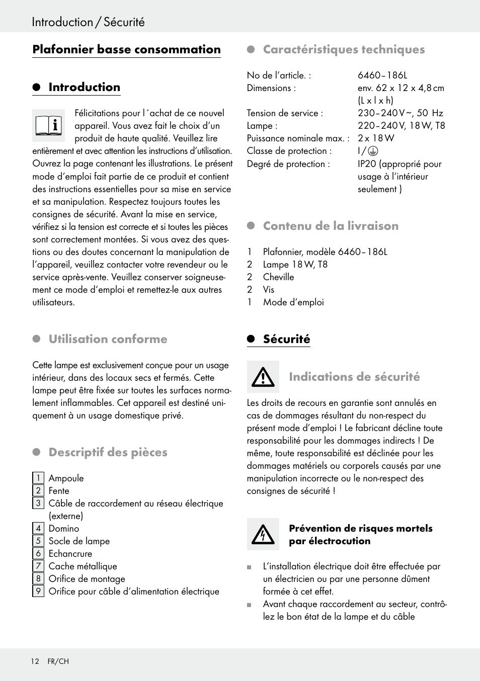 Introduction, Utilisation conforme, Descriptif des pièces | Caractéristiques techniques, Contenu de la livraison, Sécurité, Indications de sécurité, Introduction / sécurité, Plafonnier basse consommation introduction, Sécurité indications de sécurité | Livarno 6460–186L User Manual | Page 11 / 28