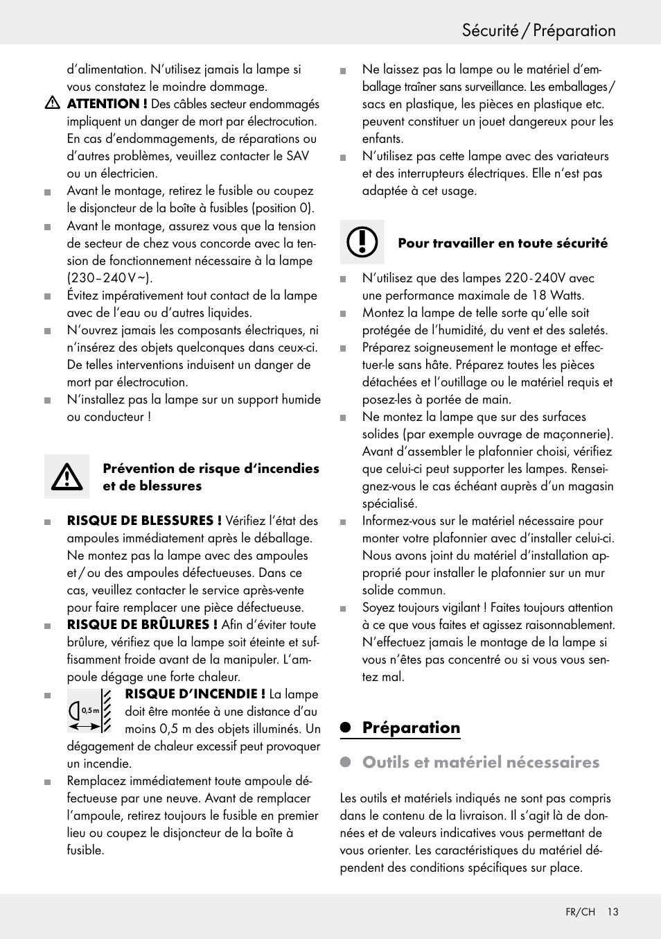 Préparation, Outils et matériel nécessaires, Sécurité / préparation | Préparation outils et matériel nécessaires | Livarno 6460–186L User Manual | Page 12 / 28