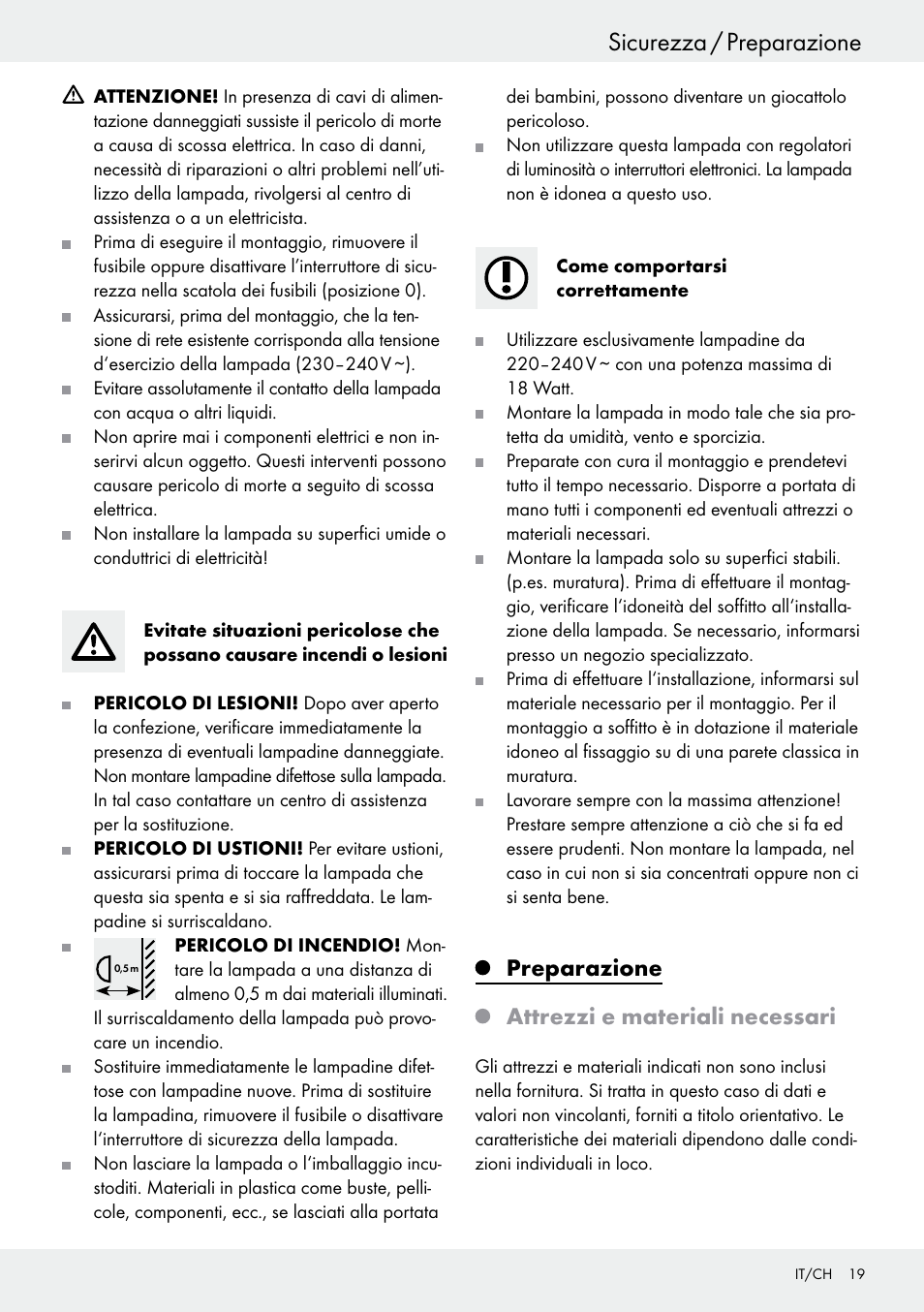 Preparazione, Attrezzi e materiali necessari, Sicurezza / preparazione | Preparazione attrezzi e materiali necessari | Livarno 6460–186L User Manual | Page 18 / 28