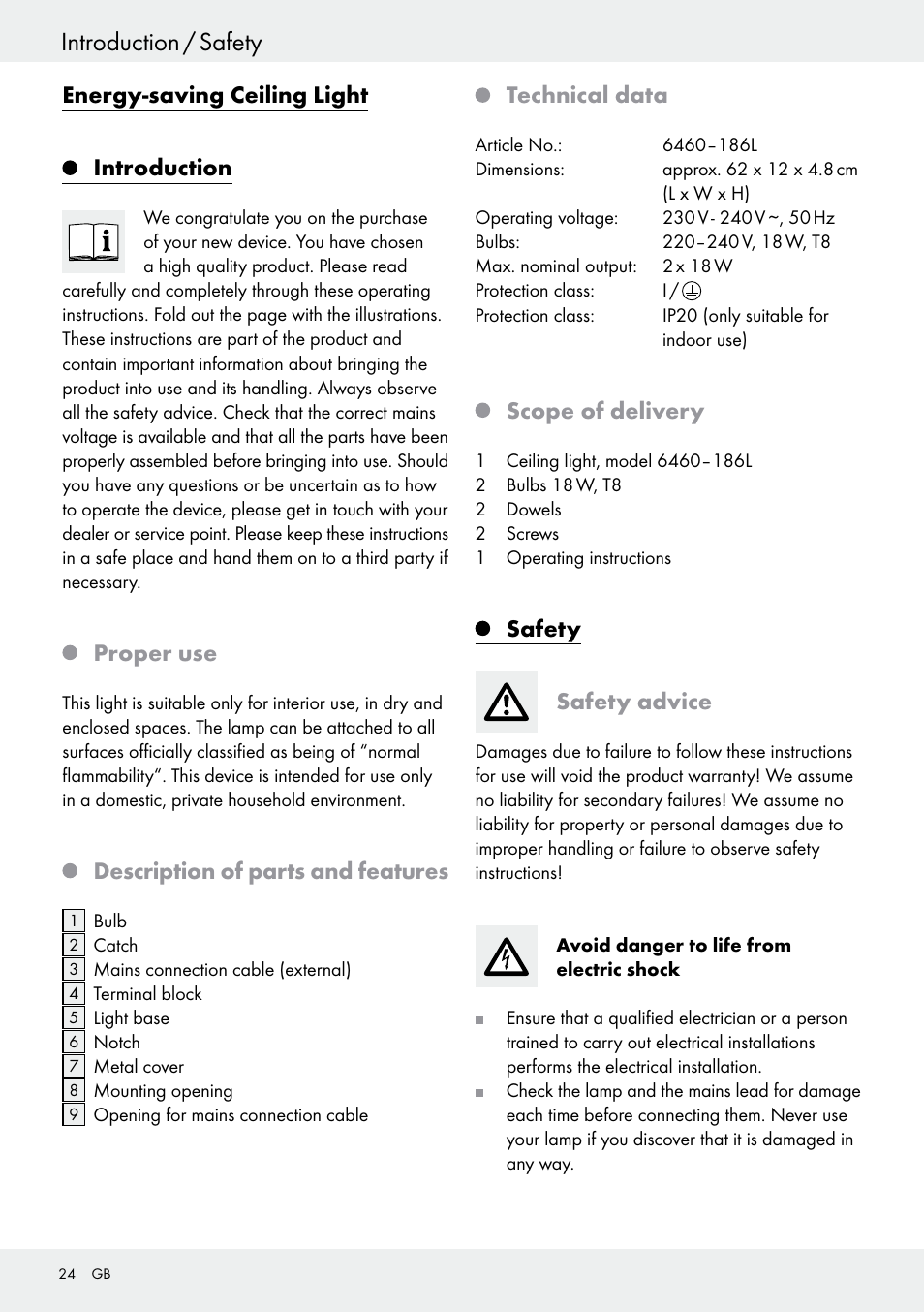 Introduction, Proper use, Description of parts and features | Technical data, Scope of delivery, Safety, Safety advice, Introduction / safety, Energy-saving ceiling light introduction, Safety safety advice | Livarno 6460–186L User Manual | Page 23 / 28