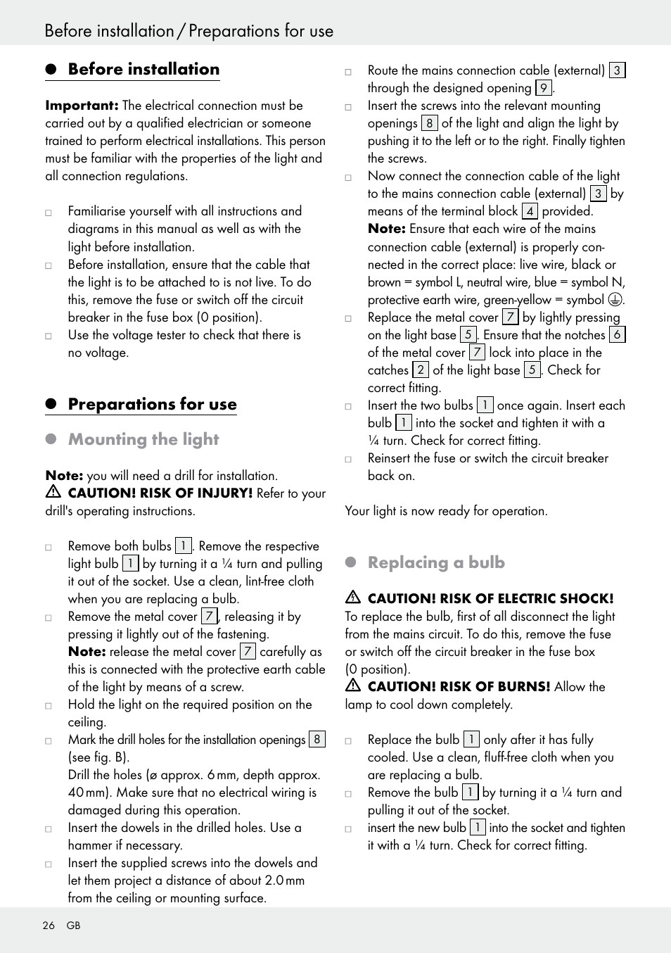 Before installation, Preparations for use, Mounting the light | Replacing a bulb, Before installation / preparations for use, Preparations for use mounting the light | Livarno 6460–186L User Manual | Page 25 / 28