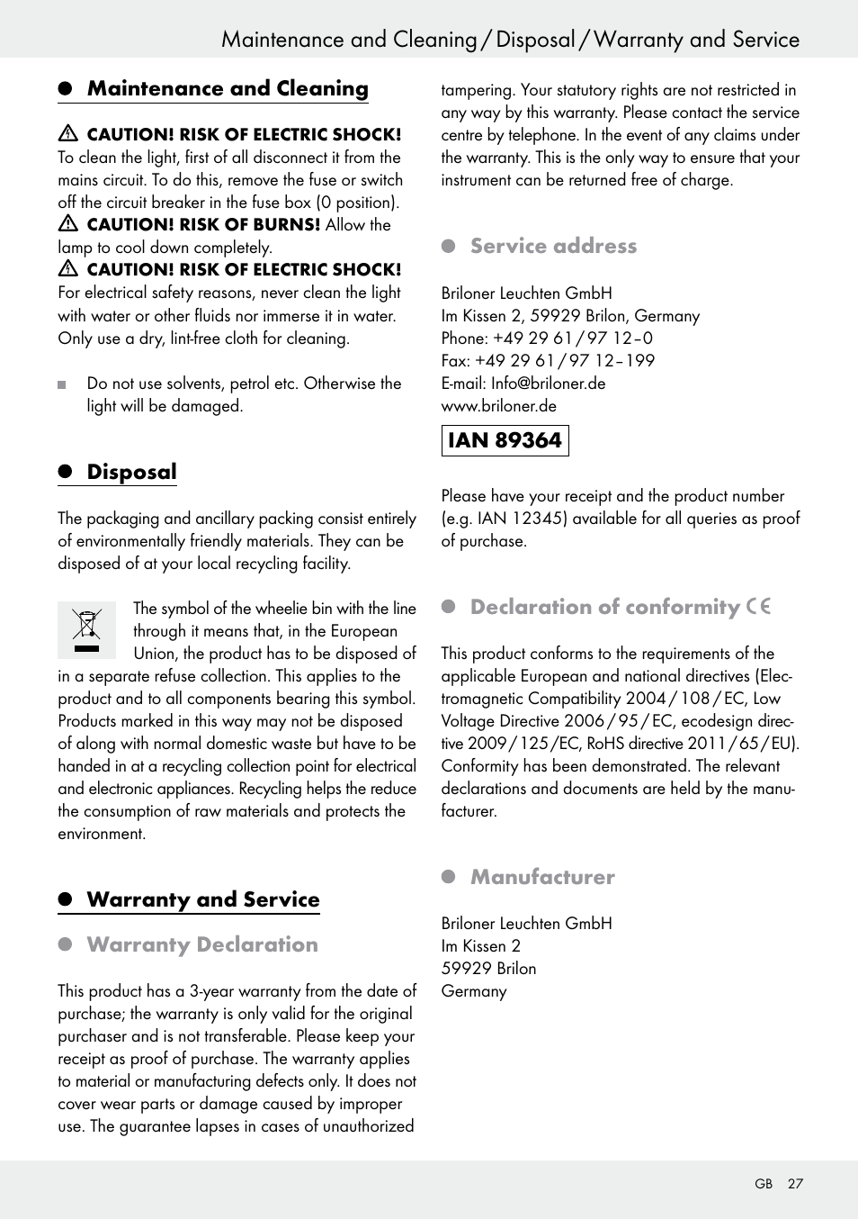 Maintenance and cleaning, Disposal, Warranty and service | Warranty declaration, Service address, Declaration of conformity, Manufacturer, Warranty and service warranty declaration | Livarno 6460–186L User Manual | Page 26 / 28