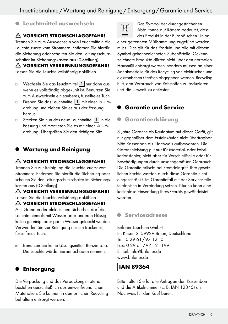 Leuchtmittel auswechseln, Wartung und reinigung, Entsorgung | Garantie und service, Garantieerklärung, Serviceadresse, Seite 9, Garantie und service garantieerklärung | Livarno 6460–186L User Manual | Page 8 / 28