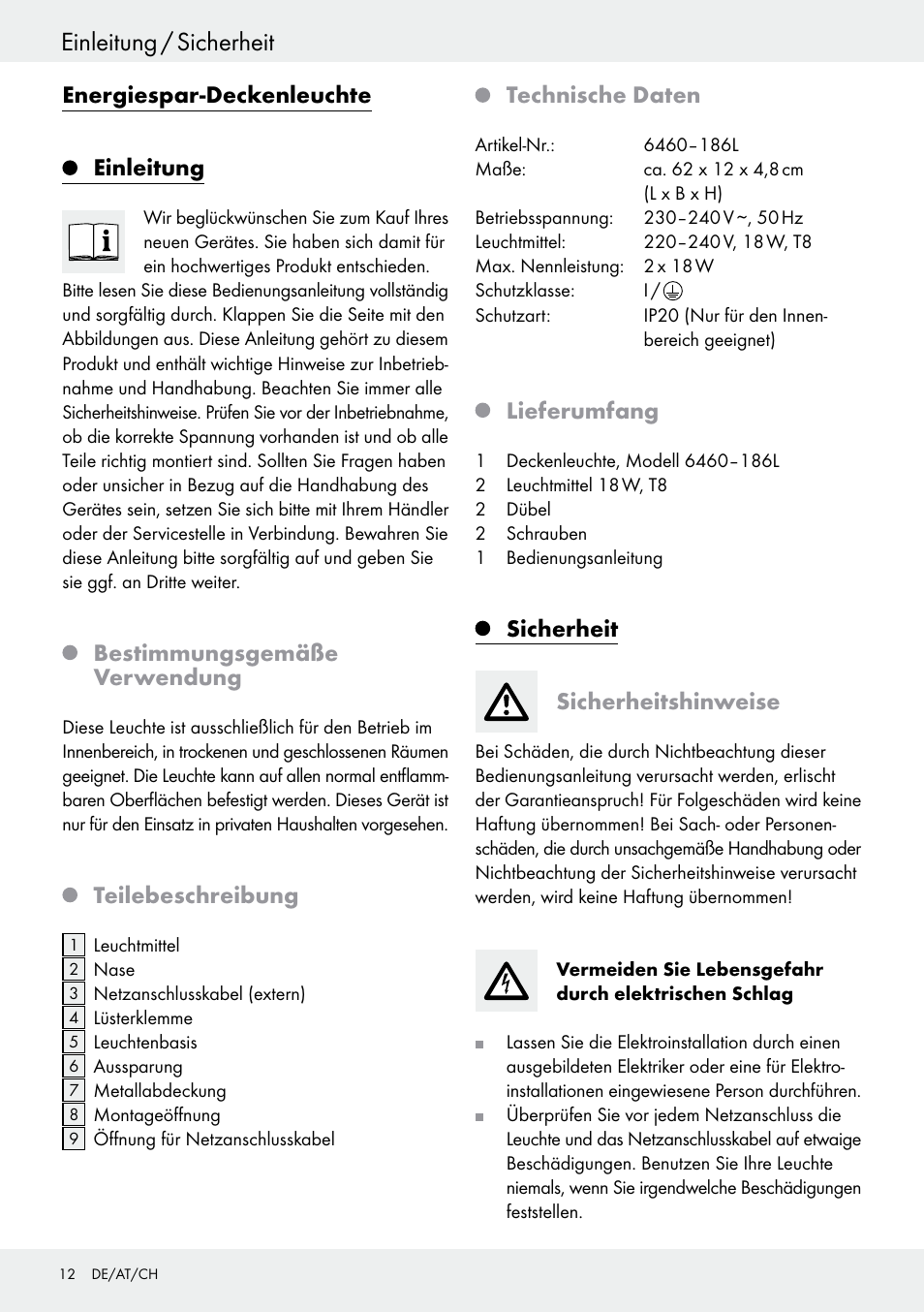 Einleitung, Bestimmungsgemäße verwendung, Teilebeschreibung | Technische daten, Lieferumfang, Sicherheit, Sicherheitshinweise, Einleitung / sicherheit, Energiespar-deckenleuchte einleitung, Sicherheit sicherheitshinweise | Livarno 6460–186L User Manual | Page 11 / 24