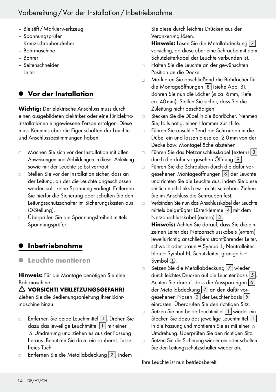 Vor der installation, Inbetriebnahme, Leuchte montieren | Seite 14, Inbetriebnahme leuchte montieren | Livarno 6460–186L User Manual | Page 13 / 24