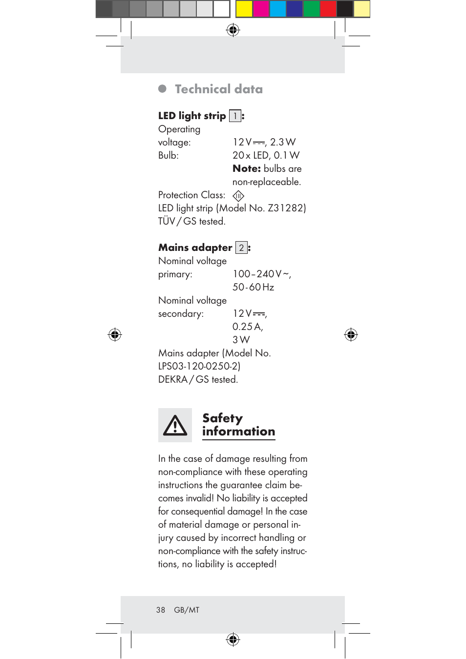 Technical data, Safety information | Livarno Z31282-BS User Manual | Page 38 / 55