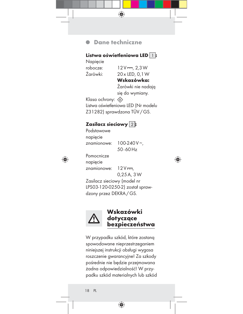 Dane techniczne, Wskazówki dotyczące bezpieczeństwa | Livarno Z31282-BS User Manual | Page 18 / 75