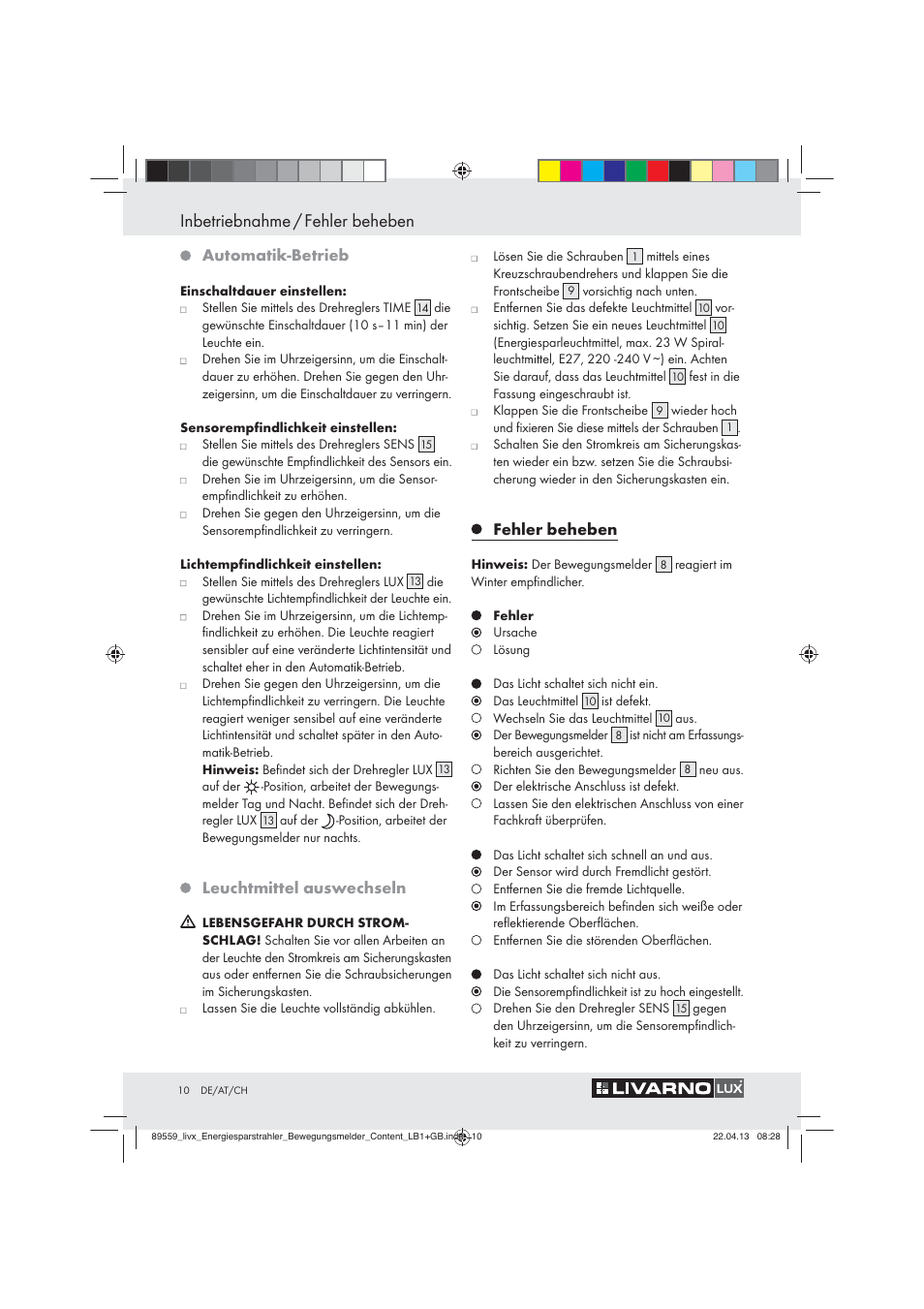 Inbetriebnahme / fehler beheben, Automatik-betrieb, Leuchtmittel auswechseln | Fehler beheben | Livarno ENERGY-SAVING SPOTLIGHT User Manual | Page 10 / 45