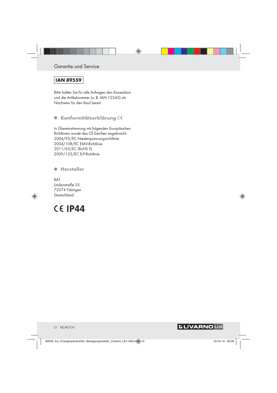 Garantie und service, Konformitätserklärung, Hersteller | Livarno ENERGY-SAVING SPOTLIGHT User Manual | Page 12 / 45