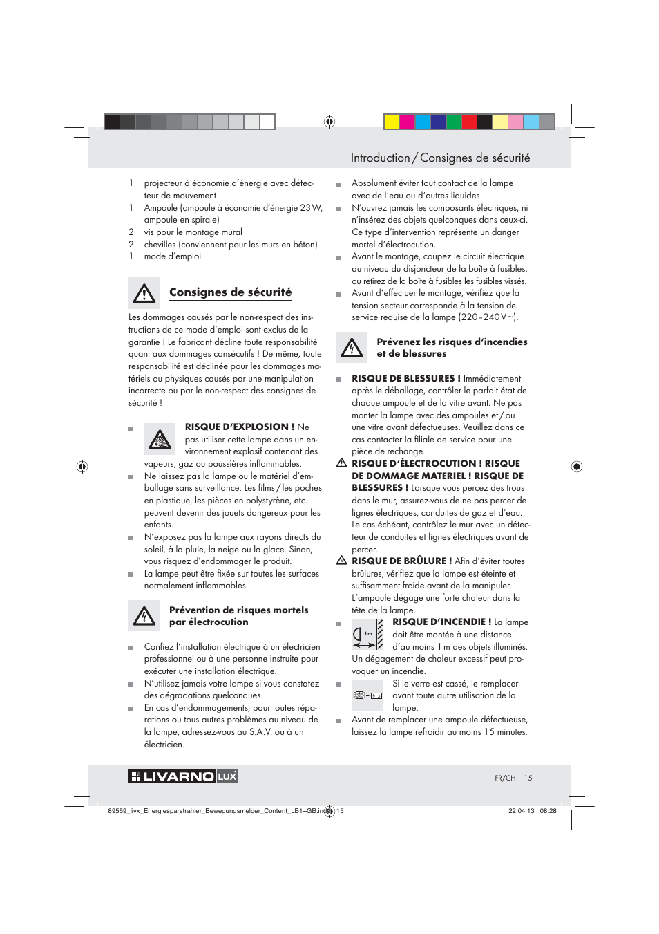 Introduction / consignes de sécurité, Consignes de sécurité | Livarno ENERGY-SAVING SPOTLIGHT User Manual | Page 15 / 45