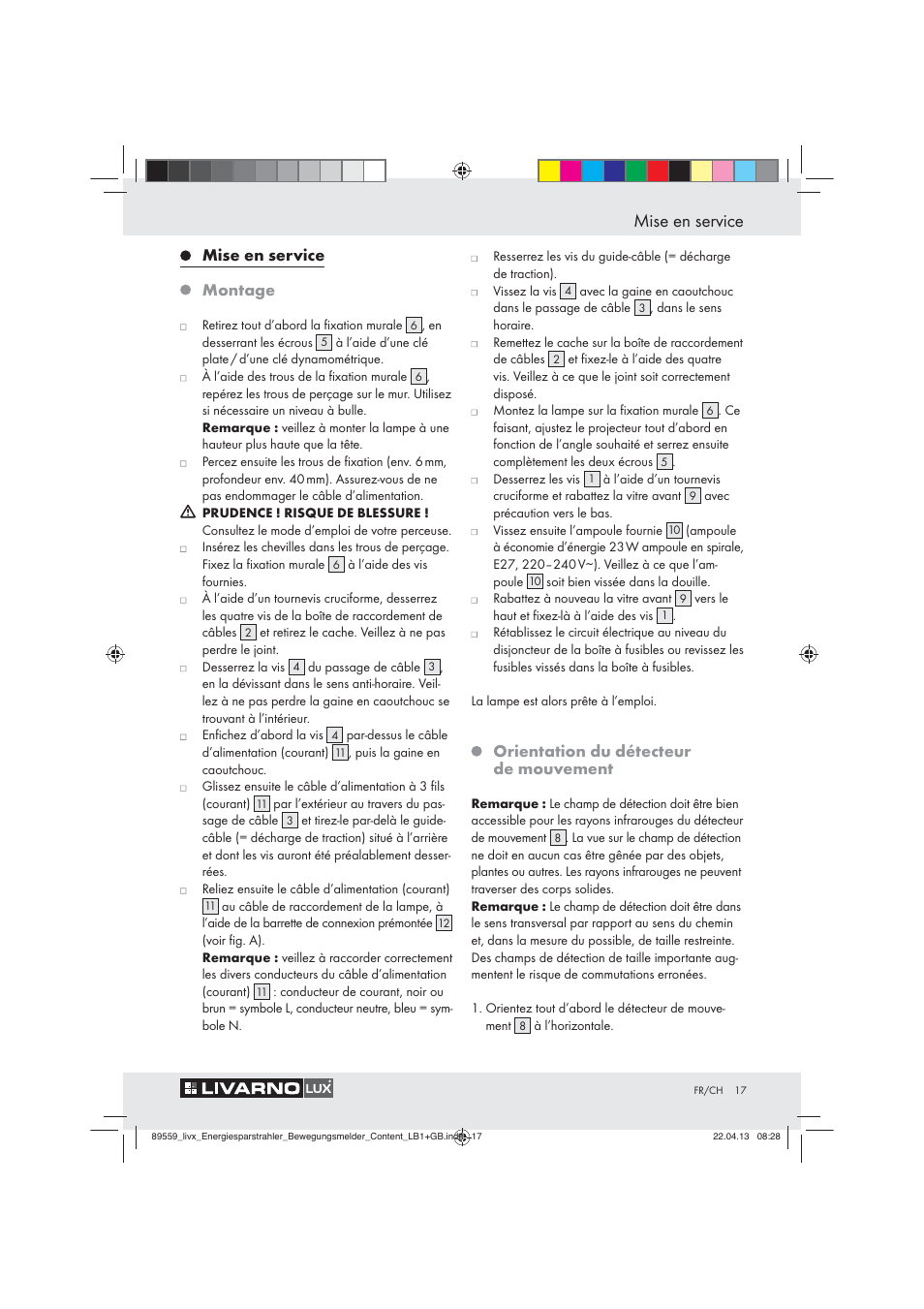 Mise en service, Mise en service montage, Orientation du détecteur de mouvement | Livarno ENERGY-SAVING SPOTLIGHT User Manual | Page 17 / 45