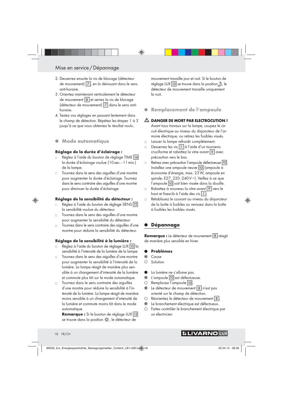 Mise en service / dépannage, Mode automatique, Remplacement de l’ampoule | Dépannage | Livarno ENERGY-SAVING SPOTLIGHT User Manual | Page 18 / 45