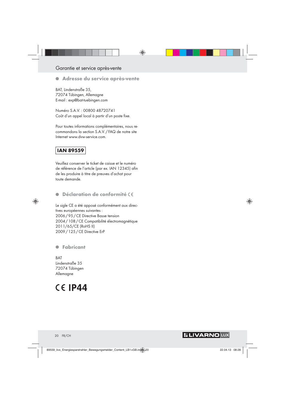 Garantie et service après-vente, Adresse du service après-vente, Déclaration de conformité | Fabricant | Livarno ENERGY-SAVING SPOTLIGHT User Manual | Page 20 / 45