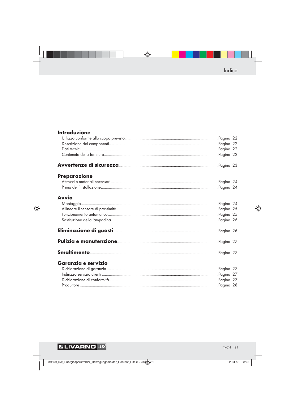 Indice | Livarno ENERGY-SAVING SPOTLIGHT User Manual | Page 21 / 45