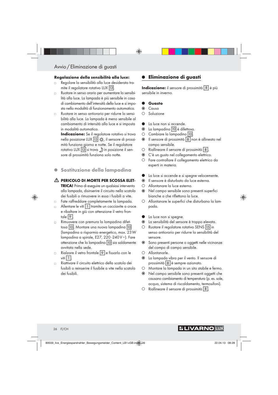 Avvio / eliminazione di guasti, Sostituzione della lampadina, Eliminazione di guasti | Livarno ENERGY-SAVING SPOTLIGHT User Manual | Page 26 / 45