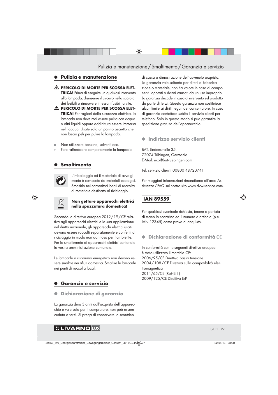 Pulizia e manutenzione, Smaltimento, Garanzia e servizio dichiarazione di garanzia | Indirizzo servizio clienti, Dichiarazione di conformità | Livarno ENERGY-SAVING SPOTLIGHT User Manual | Page 27 / 45