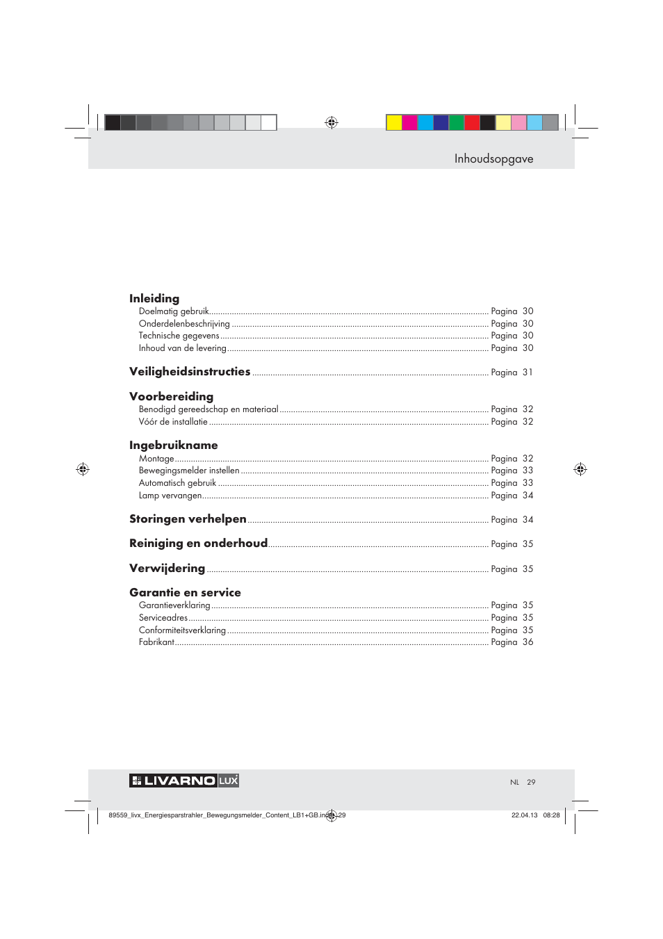 Inhoudsopgave | Livarno ENERGY-SAVING SPOTLIGHT User Manual | Page 29 / 45