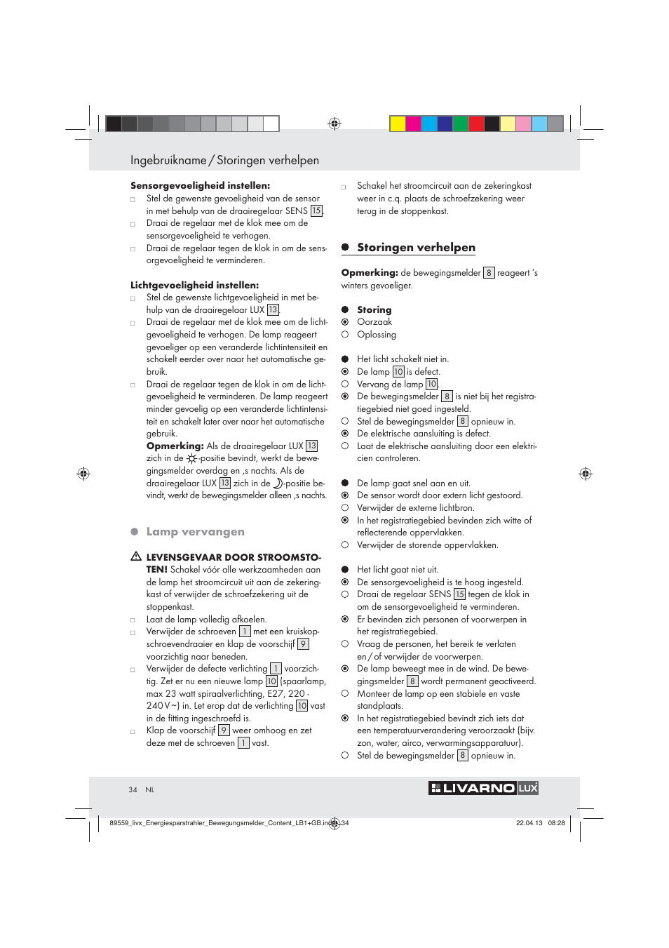 Ingebruikname / storingen verhelpen, Lamp vervangen, Storingen verhelpen | Livarno ENERGY-SAVING SPOTLIGHT User Manual | Page 34 / 45