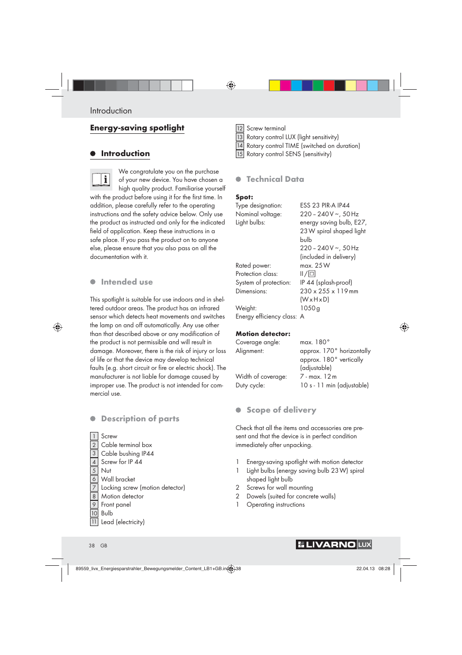 Introduction, Energy-saving spotlight introduction, Intended use | Description of parts, Technical data, Scope of delivery | Livarno ENERGY-SAVING SPOTLIGHT User Manual | Page 38 / 45