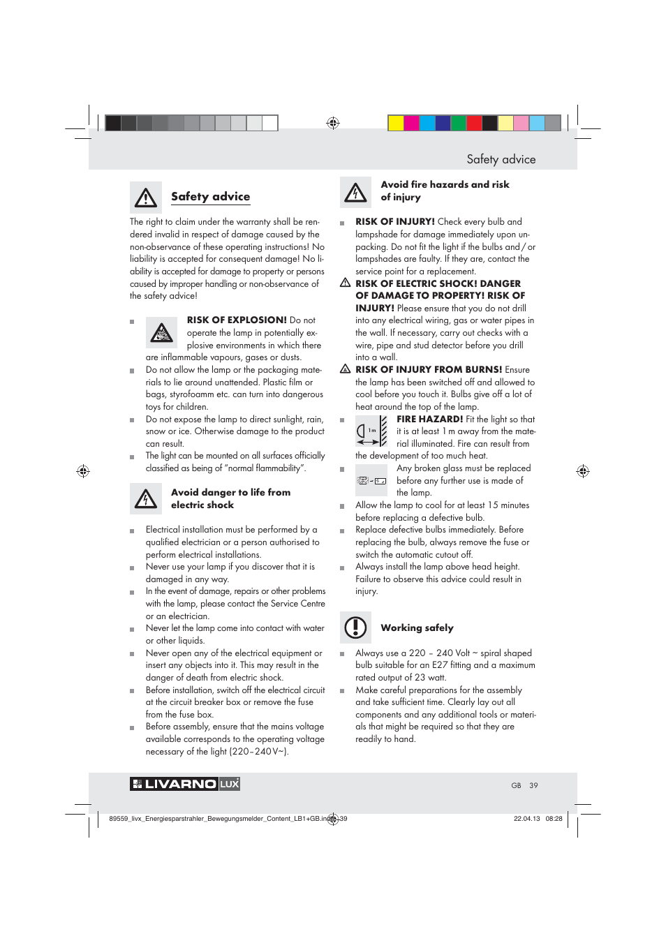 Safety advice | Livarno ENERGY-SAVING SPOTLIGHT User Manual | Page 39 / 45