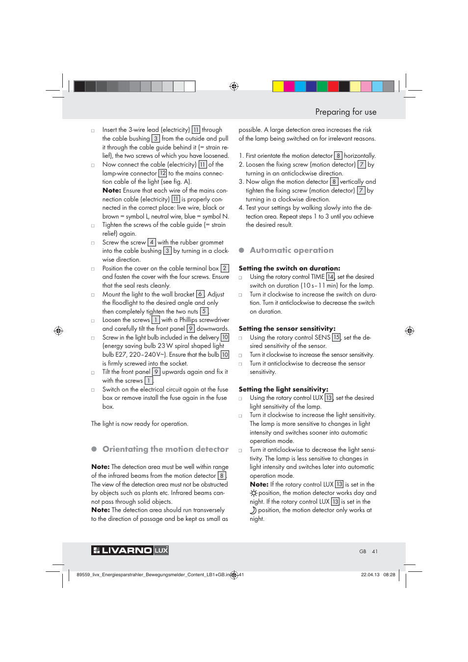 Preparing for use, Orientating the motion detector, Automatic operation | Livarno ENERGY-SAVING SPOTLIGHT User Manual | Page 41 / 45