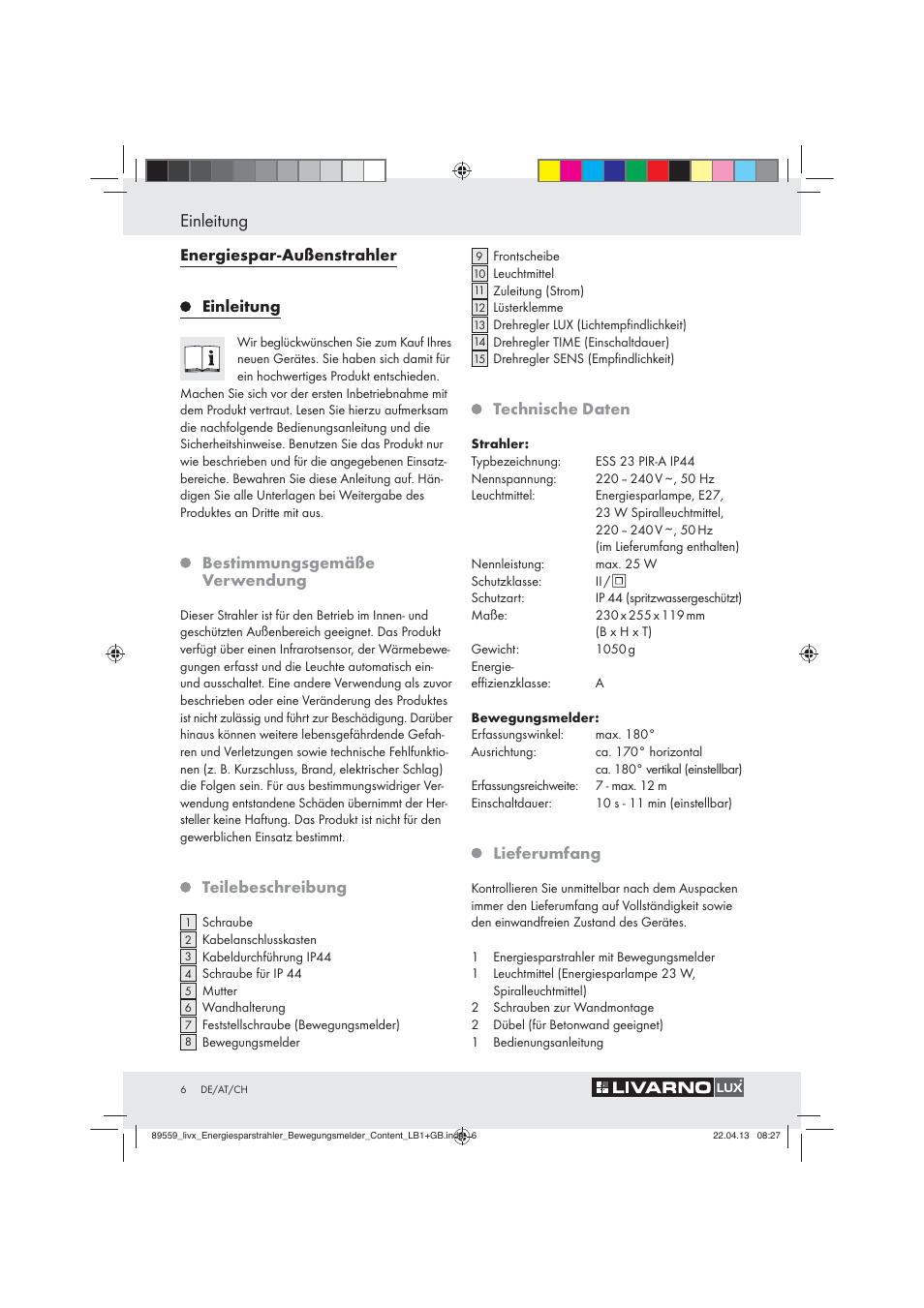 Einleitung, Energiespar-außenstrahler, Bestimmungsgemäße verwendung | Teilebeschreibung, Technische daten, Lieferumfang | Livarno ENERGY-SAVING SPOTLIGHT User Manual | Page 6 / 45