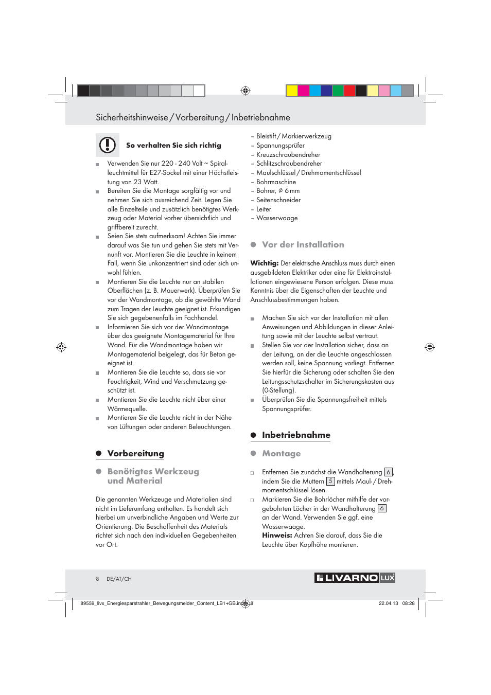 Vorbereitung, Benötigtes werkzeug und material, Vor der installation | Inbetriebnahme, Montage | Livarno ENERGY-SAVING SPOTLIGHT User Manual | Page 8 / 45