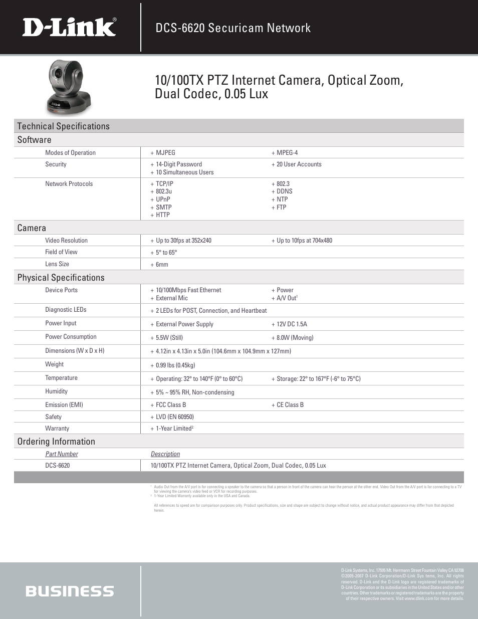 Dcs-6620 securicam network, Technical speciﬁcations software, Camera | Physical speciﬁcations, Ordering information | D-Link DCS-6620 User Manual | Page 2 / 2