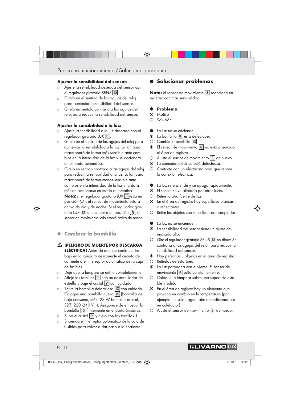 Puesta en funcionamiento / solucionar problemas, Cambiar la bombilla, Solucionar problemas | Livarno ENERGY-SAVING SPOTLIGHT User Manual | Page 10 / 45