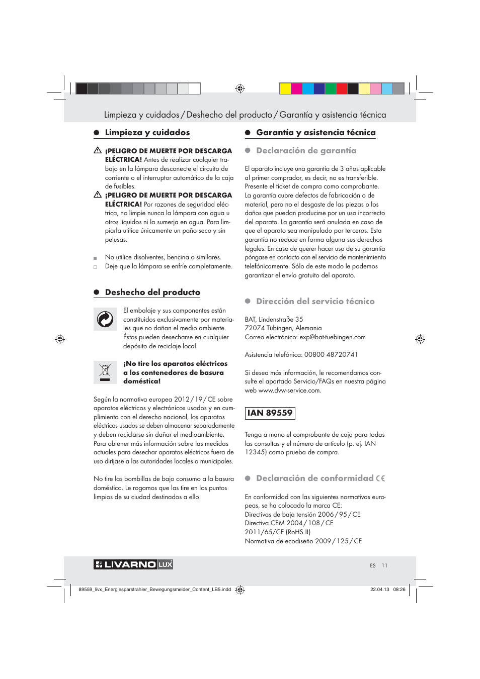 Limpieza y cuidados, Deshecho del producto, Dirección del servicio técnico | Declaración de conformidad | Livarno ENERGY-SAVING SPOTLIGHT User Manual | Page 11 / 45