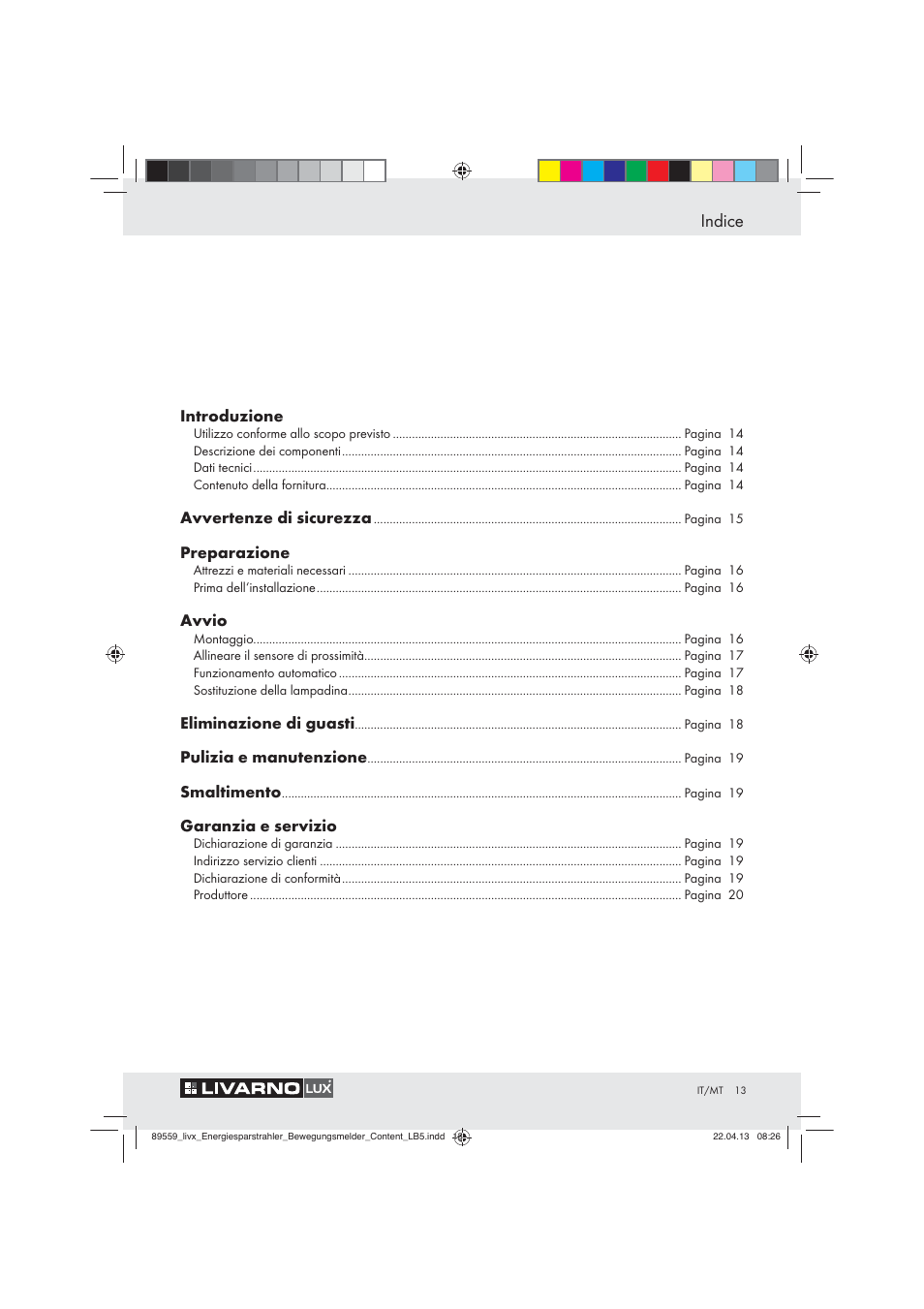 Indice | Livarno ENERGY-SAVING SPOTLIGHT User Manual | Page 13 / 45