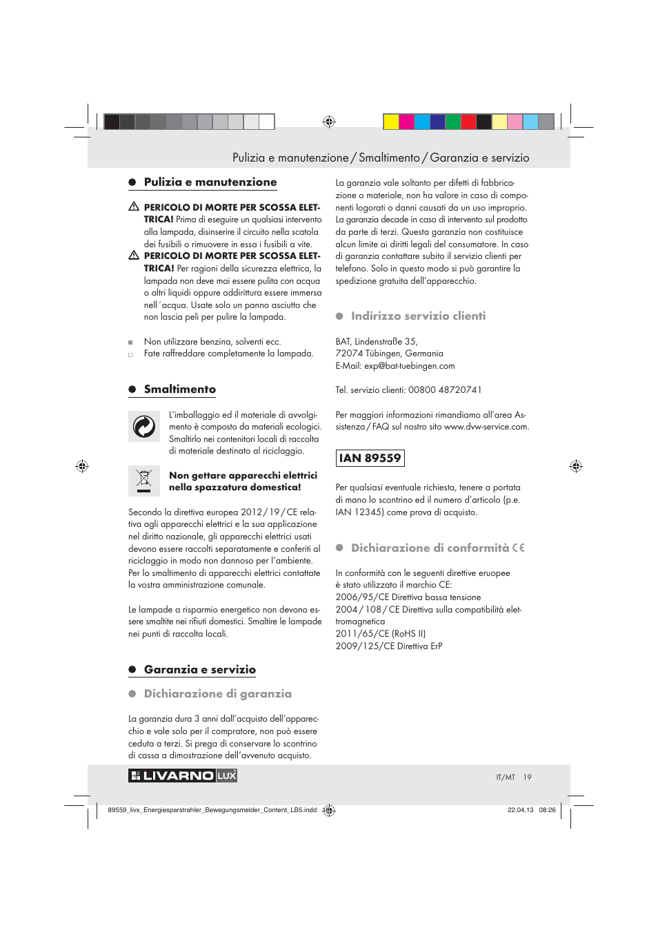 Pulizia e manutenzione, Smaltimento, Garanzia e servizio dichiarazione di garanzia | Indirizzo servizio clienti, Dichiarazione di conformità | Livarno ENERGY-SAVING SPOTLIGHT User Manual | Page 19 / 45