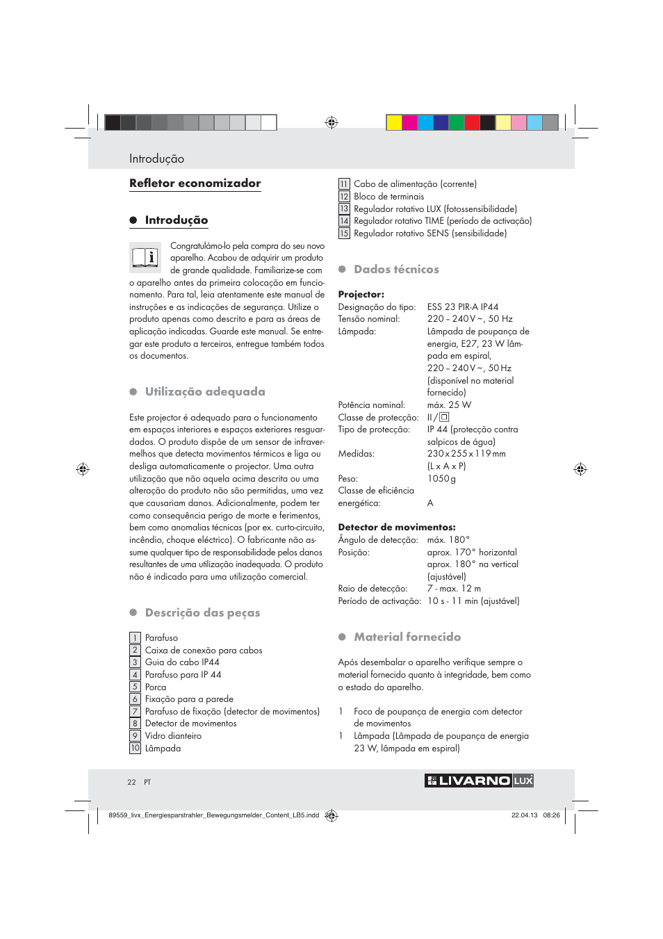 Introdução, Reﬂetor economizador introdução, Utilização adequada | Descrição das peças, Dados técnicos, Material fornecido | Livarno ENERGY-SAVING SPOTLIGHT User Manual | Page 22 / 45