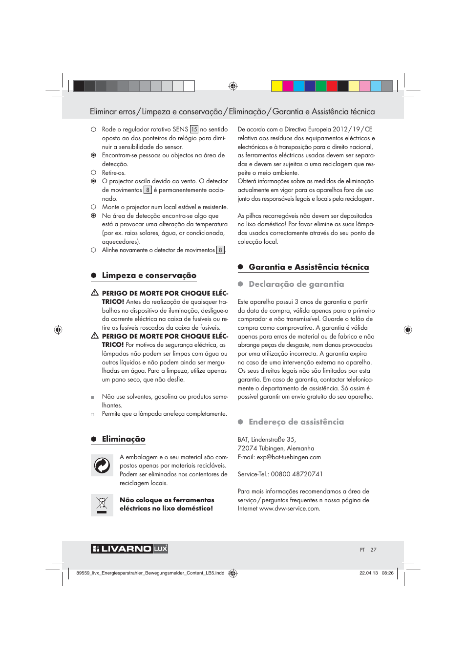 Limpeza e conservação, Eliminação, Endereço de assistência | Livarno ENERGY-SAVING SPOTLIGHT User Manual | Page 27 / 45