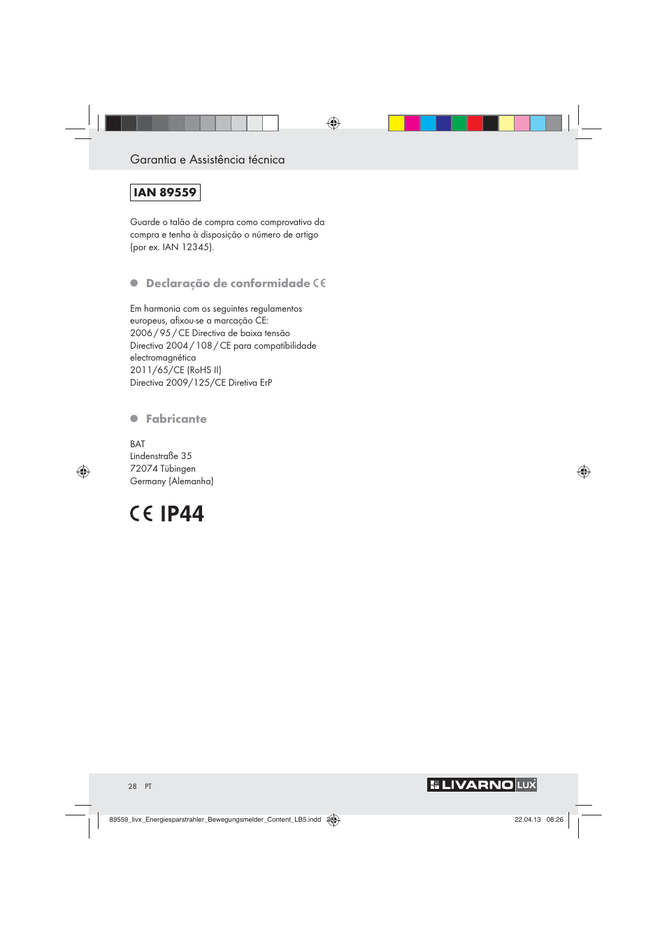 Garantia e assistência técnica, Declaração de conformidade, Fabricante | Livarno ENERGY-SAVING SPOTLIGHT User Manual | Page 28 / 45