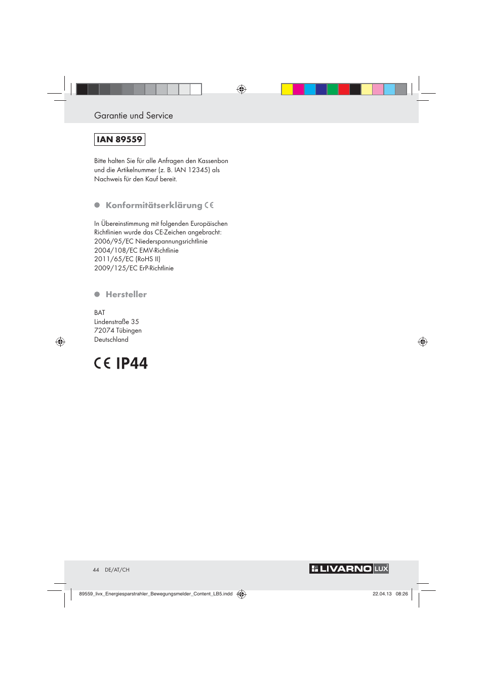 Garantie und service, Konformitätserklärung, Hersteller | Livarno ENERGY-SAVING SPOTLIGHT User Manual | Page 44 / 45