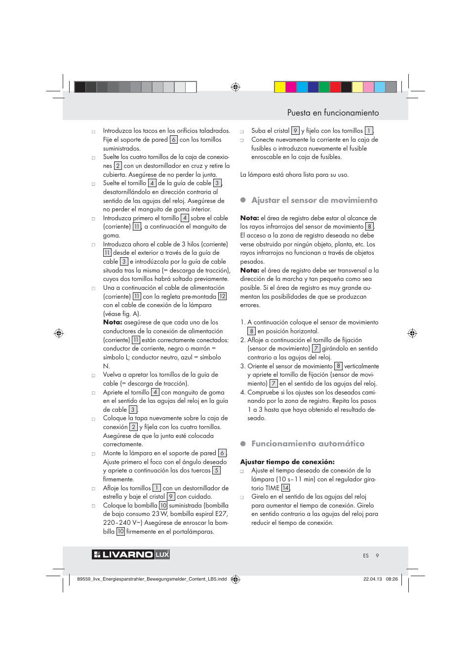 Puesta en funcionamiento, Ajustar el sensor de movimiento, Funcionamiento automático | Livarno ENERGY-SAVING SPOTLIGHT User Manual | Page 9 / 45