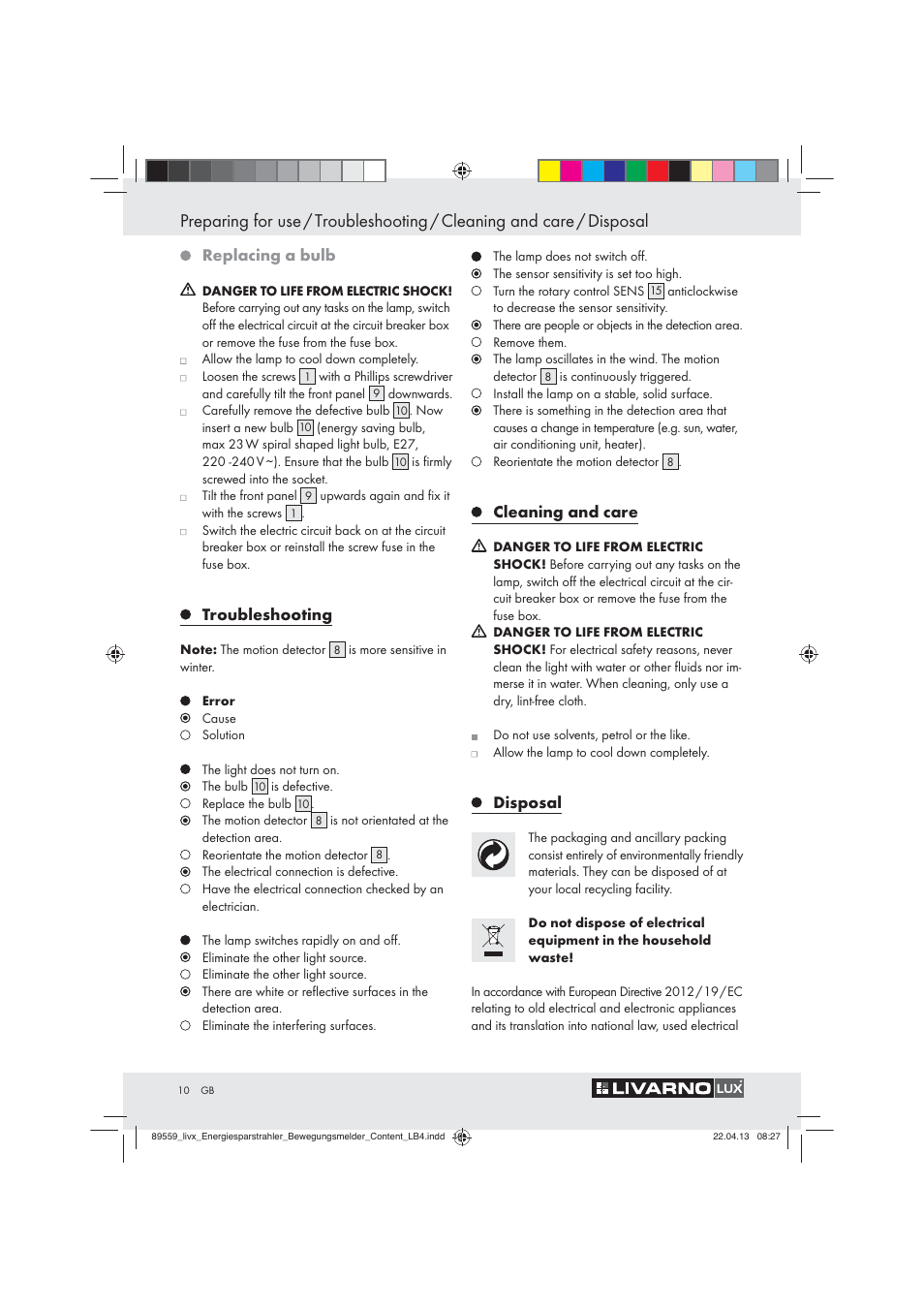 Replacing a bulb, Troubleshooting, Cleaning and care | Disposal | Livarno ENERGY-SAVING SPOTLIGHT User Manual | Page 10 / 61