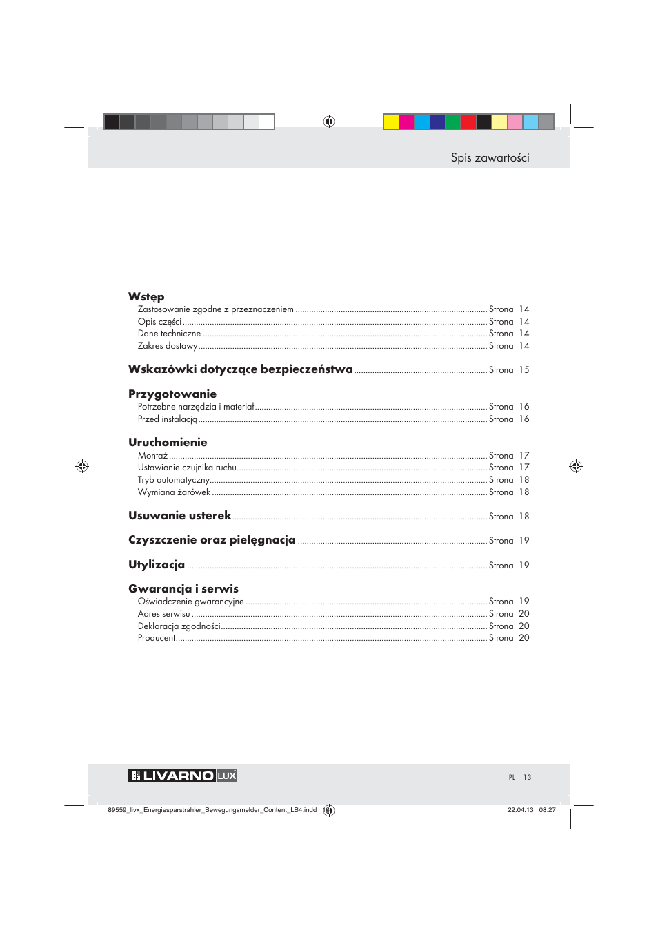 Spis zawartości | Livarno ENERGY-SAVING SPOTLIGHT User Manual | Page 13 / 61