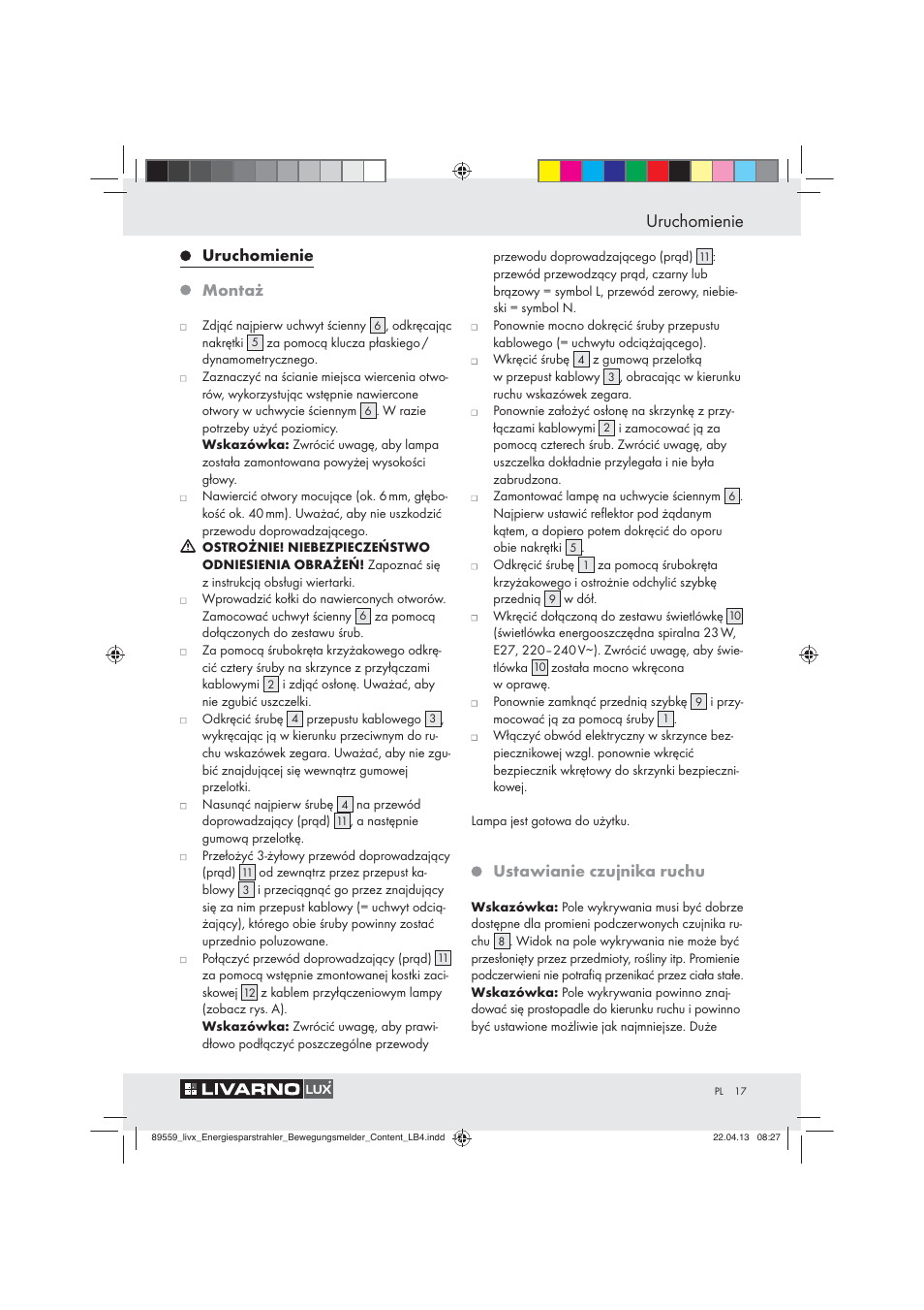 Uruchomienie, Uruchomienie montaż, Ustawianie czujnika ruchu | Livarno ENERGY-SAVING SPOTLIGHT User Manual | Page 17 / 61