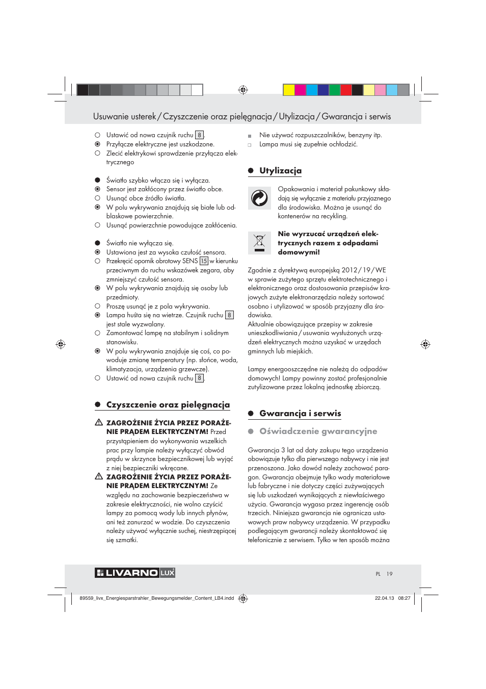 Czyszczenie oraz pielęgnacja, Utylizacja, Gwarancja i serwis oświadczenie gwarancyjne | Livarno ENERGY-SAVING SPOTLIGHT User Manual | Page 19 / 61