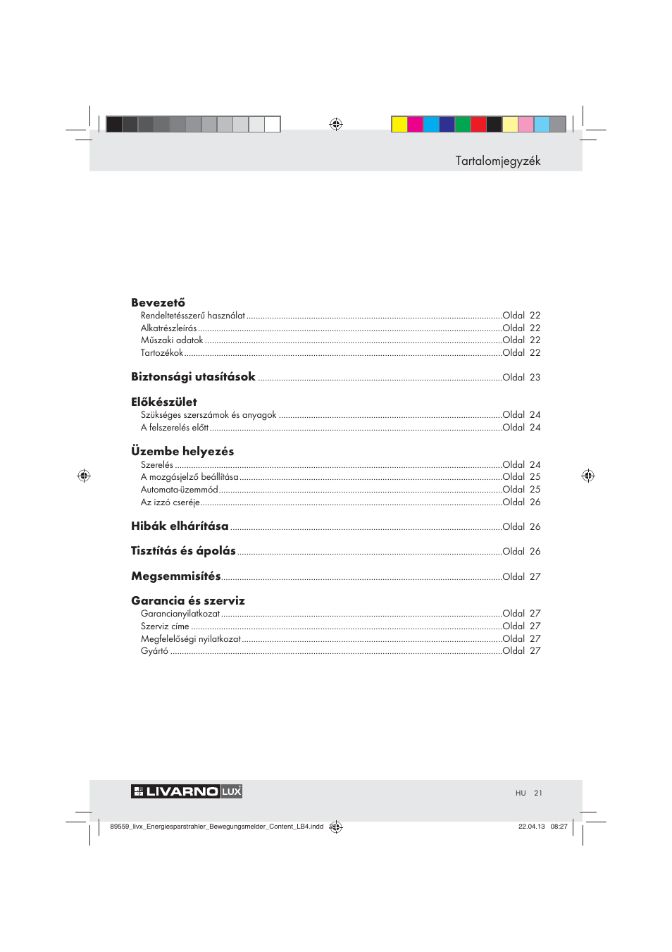 Tartalomjegyzék | Livarno ENERGY-SAVING SPOTLIGHT User Manual | Page 21 / 61