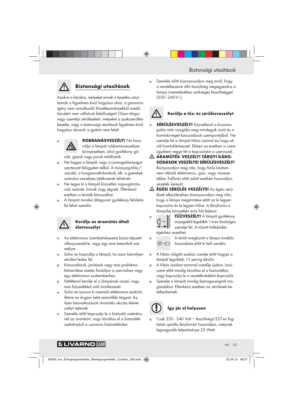 Biztonsági utasítások | Livarno ENERGY-SAVING SPOTLIGHT User Manual | Page 23 / 61