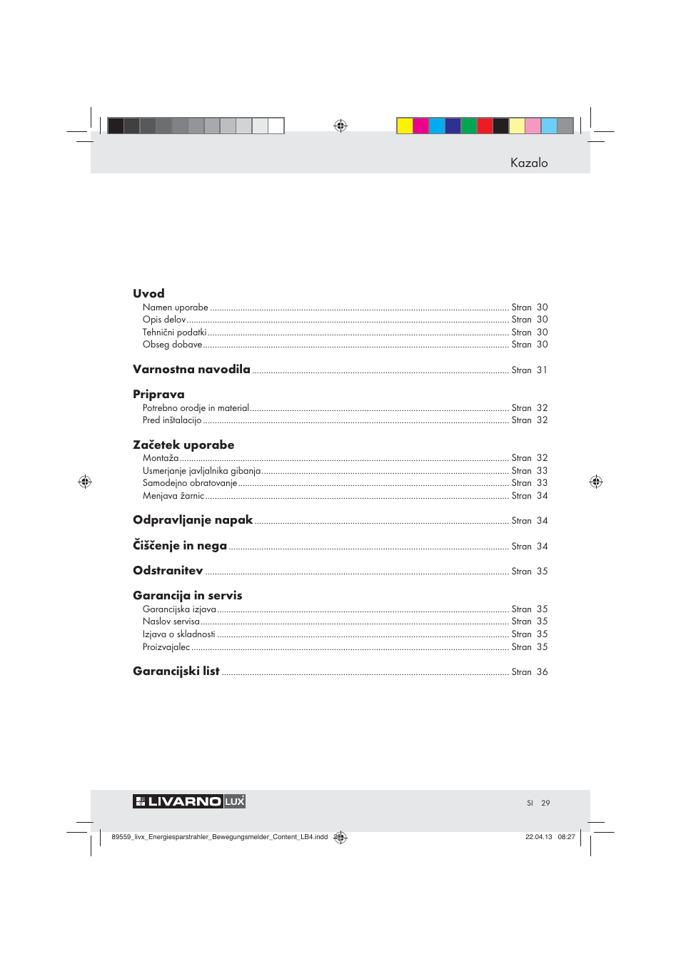 Kazalo | Livarno ENERGY-SAVING SPOTLIGHT User Manual | Page 29 / 61