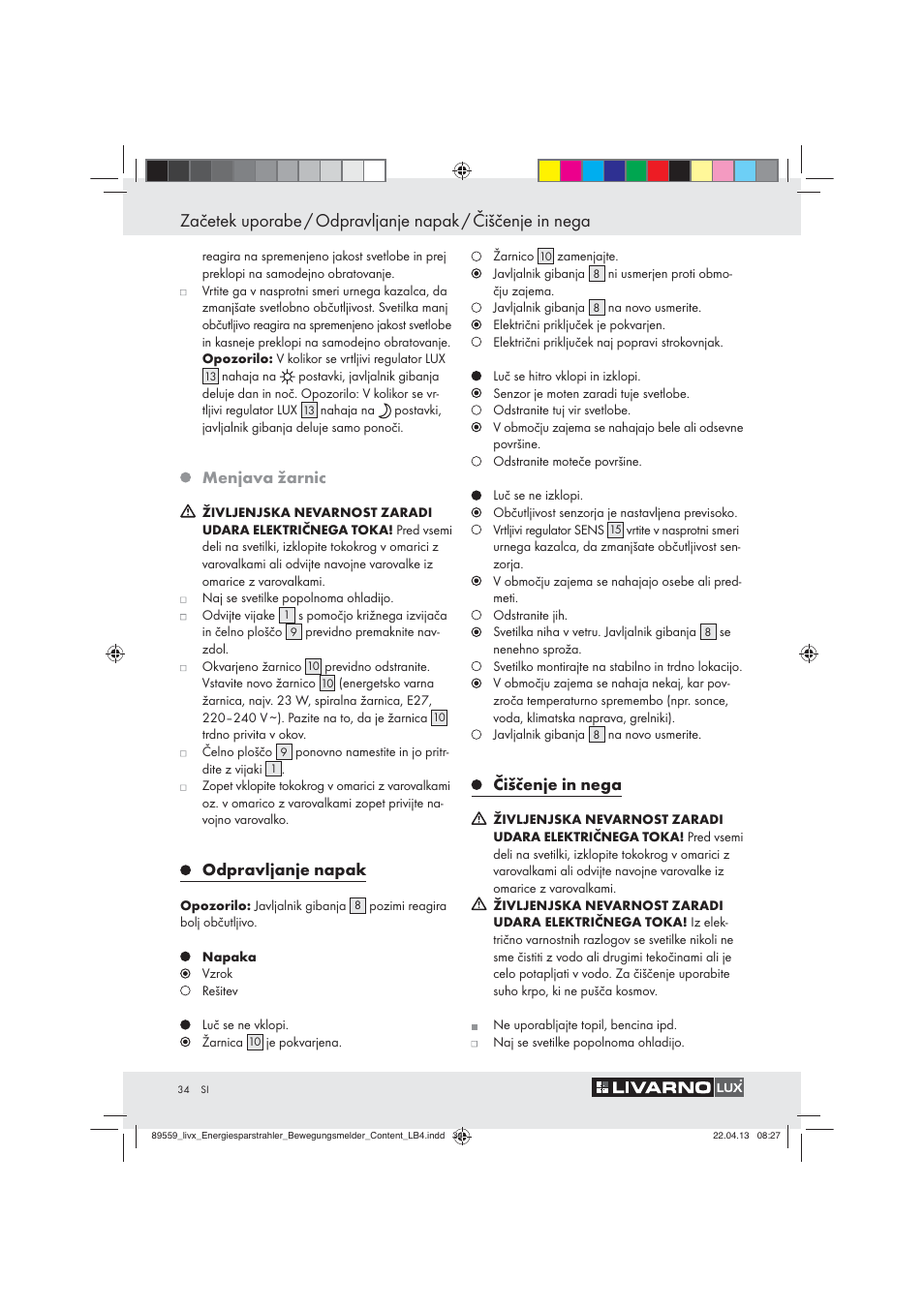 Menjava žarnic, Odpravljanje napak, Čiščenje in nega | Livarno ENERGY-SAVING SPOTLIGHT User Manual | Page 34 / 61