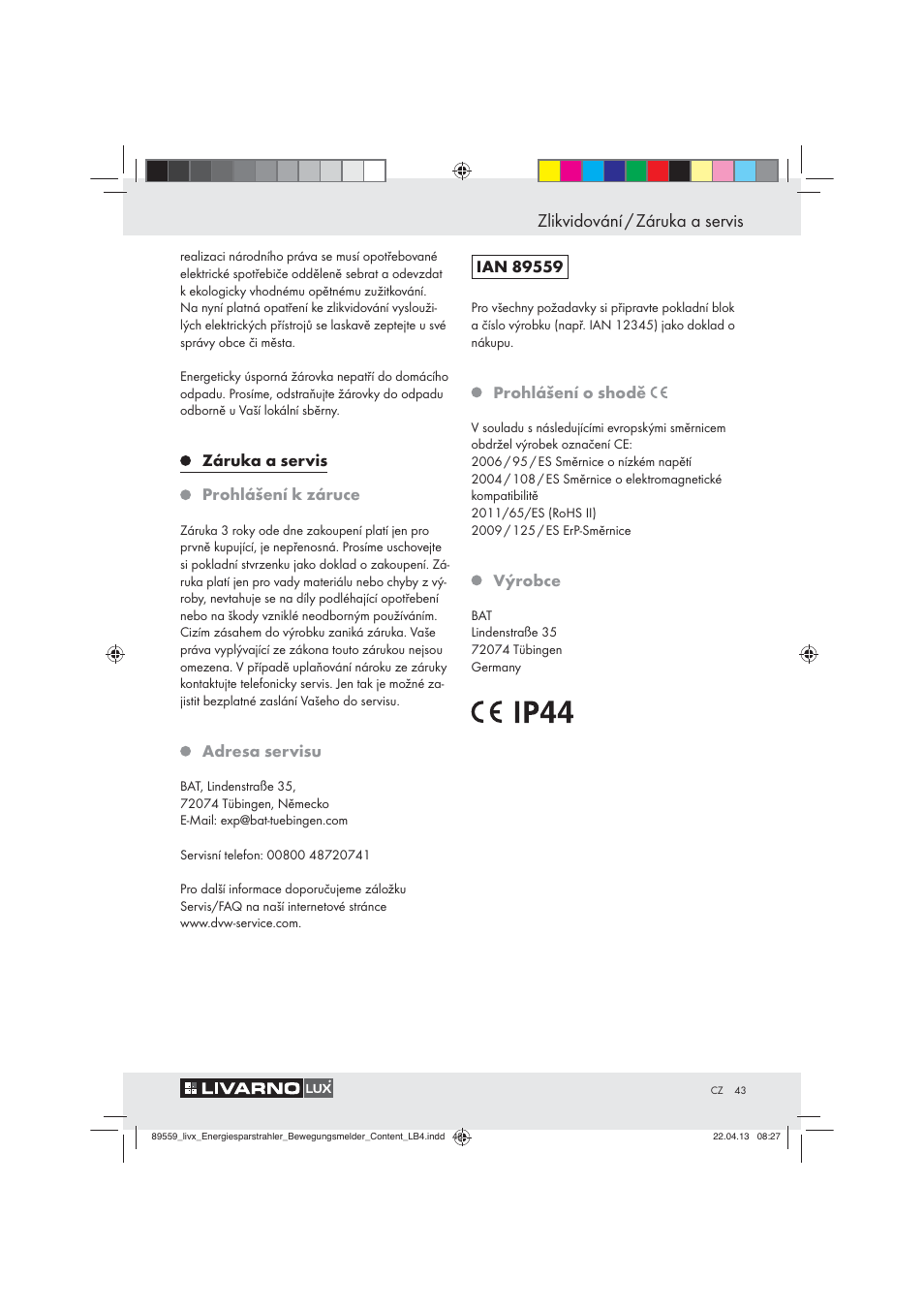 Zlikvidování / záruka a servis | Livarno ENERGY-SAVING SPOTLIGHT User Manual | Page 43 / 61