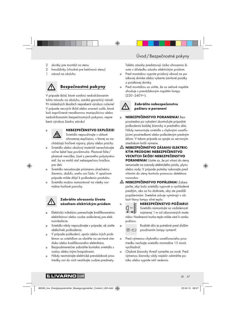 Úvod / bezpečnostné pokyny, Bezpečnostné pokyny | Livarno ENERGY-SAVING SPOTLIGHT User Manual | Page 47 / 61