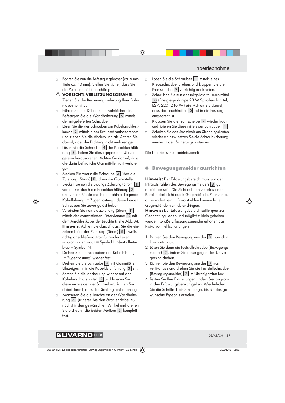 Inbetriebnahme, Bewegungsmelder ausrichten | Livarno ENERGY-SAVING SPOTLIGHT User Manual | Page 57 / 61