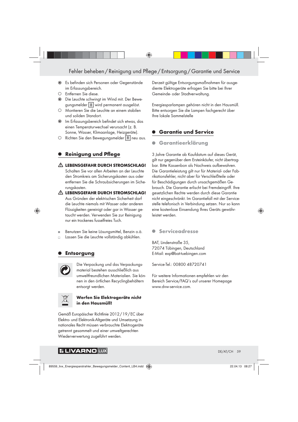 Reinigung und pﬂege, Entsorgung, Garantie und service | Garantieerklärung, Serviceadresse | Livarno ENERGY-SAVING SPOTLIGHT User Manual | Page 59 / 61